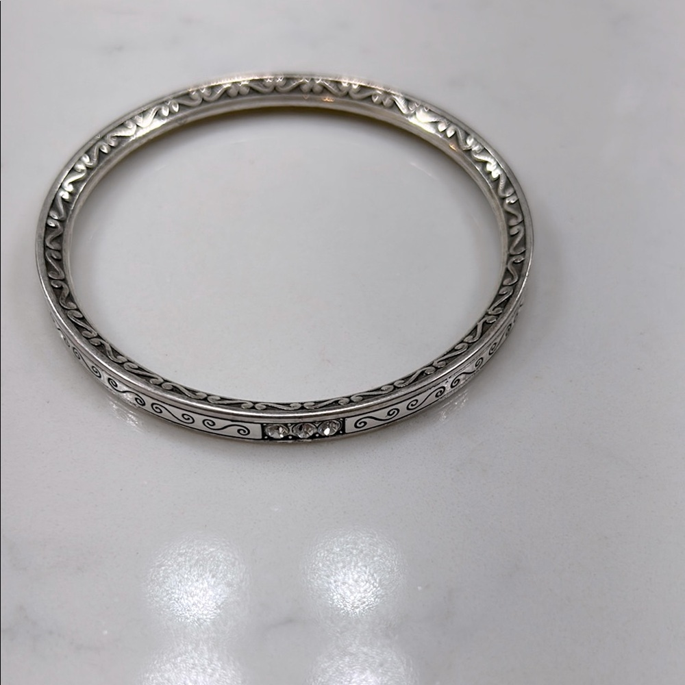BRIGHTON Silver Bangle Bracelet with scroll and crystals